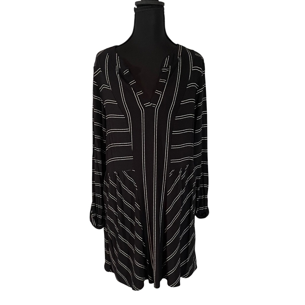 Hailey & Co Womens Black White Striped V-Neck 3/4 Sleeve Tunic Buttery Soft Lg